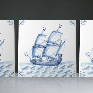 Delft Blue Dutch Stil Frigate Schooner Segelbåt Kakelplatta