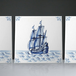 Delft Blue Dutch Stil Frigate Schooner Segelbåt Kakelplatta