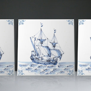 Delft Blue Dutch Stil Frigate Schooner Segelbåt Kakelplatta