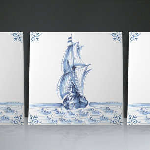 Delft Blue Dutch Stil Frigate Schooner Segelbåt Kakelplatta