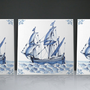 Delft Blue Dutch Stil Frigate Schooner Segelbåt Kakelplatta