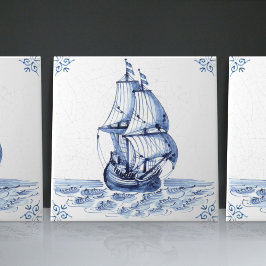 Delft Blue Dutch Stil Frigate Schooner Segelbåt Kakelplatta