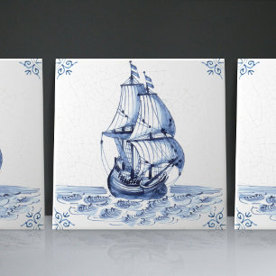 Delft Blue Dutch Stil Frigate Schooner Segelbåt Kakelplatta