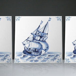 Delft Blue Dutch Stil Frigate Schooner Segelbåt Kakelplatta