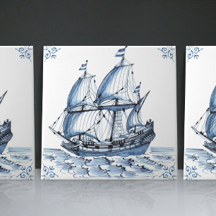 Delft Blue Dutch Stil Frigate Schooner Segelbåt Kakelplatta