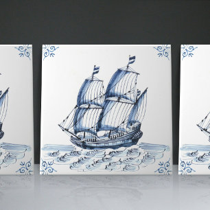 Delft Blue Dutch Stil Frigate Schooner Segelbåt Kakelplatta