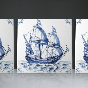 Delft Blue Dutch Stil Frigate Schooner Segelbåt Kakelplatta