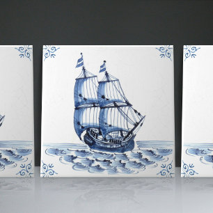 Delft Blue Dutch Stil Frigate Schooner Segelbåt Kakelplatta