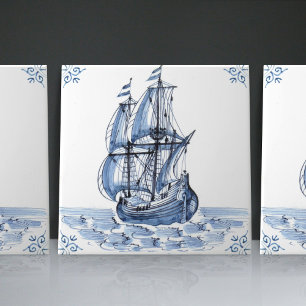 Delft Blue Dutch Stil Frigate Schooner Segelbåt Kakelplatta