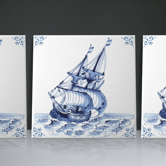 Delft Blue Dutch Stil Frigate Schooner Segelbåt Kakelplatta (Skapare uppladdad)