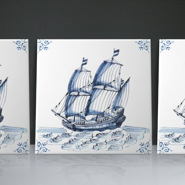 Delft Blue Dutch Stil Frigate Schooner Segelbåt Kakelplatta (Skapare uppladdad)
