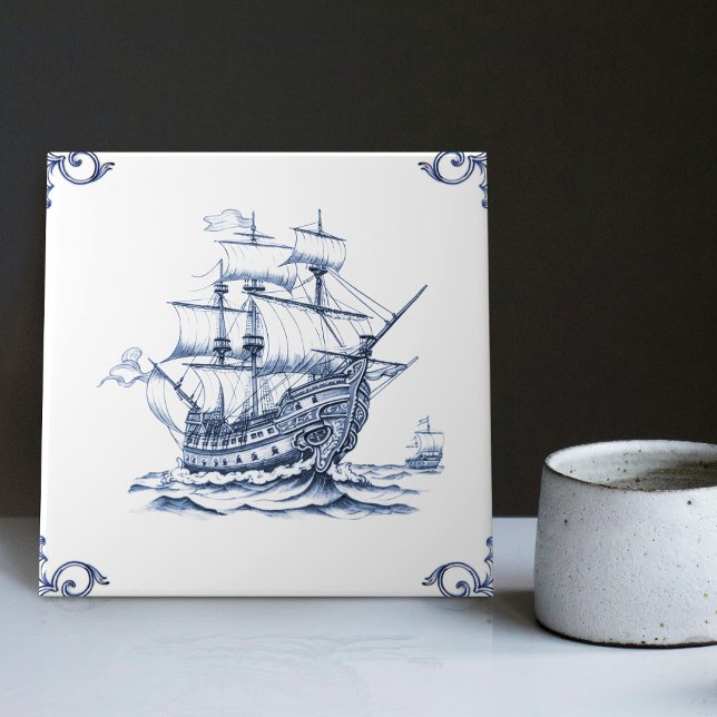 Delft Blue Dutch Stil Frigate Schooner Segelbåt Kakelplatta (Skapare uppladdad)