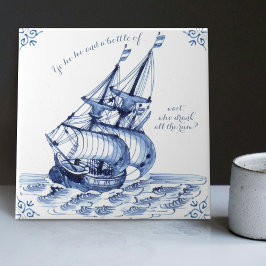 Delft Blue Dutch Stil Frigate Schooner Segelbåt Kakelplatta