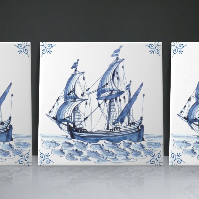 Delft Blue Dutch Stil Frigate Schooner Segelbåt Kakelplatta (Skapare uppladdad)