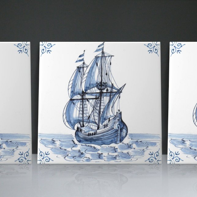 Delft Blue Dutch Stil Frigate Schooner Segelbåt Kakelplatta (Skapare uppladdad)