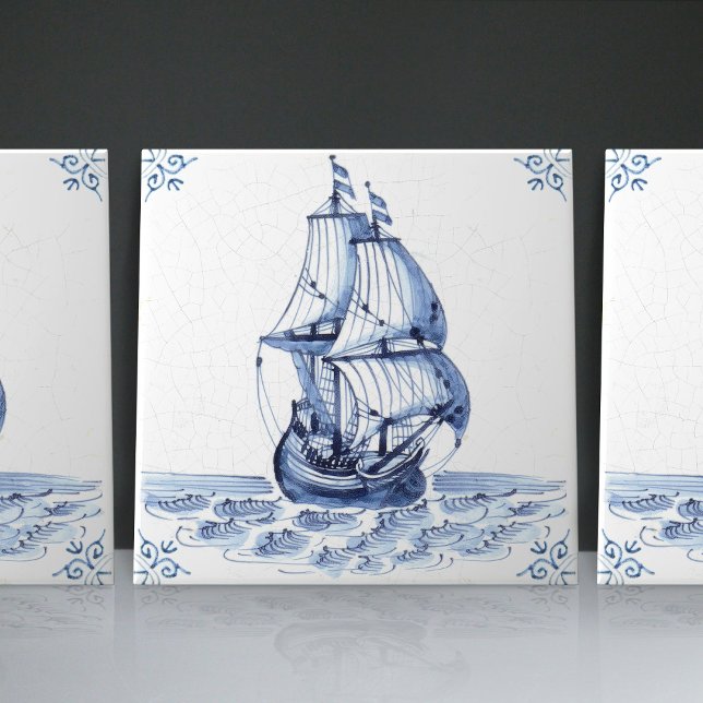 Delft Blue Dutch Stil Frigate Schooner Segelbåt Kakelplatta (Skapare uppladdad)