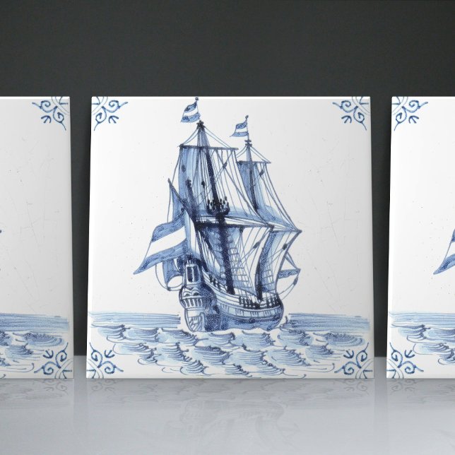Delft Blue Dutch Stil Frigate Schooner Segelbåt Kakelplatta (Skapare uppladdad)