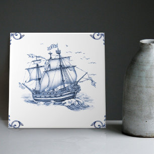 Delft Blue Dutch Style Frigate Schooner Sail Boat  Kakelplatta