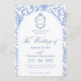 Delft Blue Floral Chinoiserie Monogram Wedding Inbjudningar