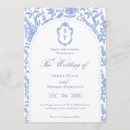Delft Blue Floral Chinoiserie Monogram Wedding Inbjudningar