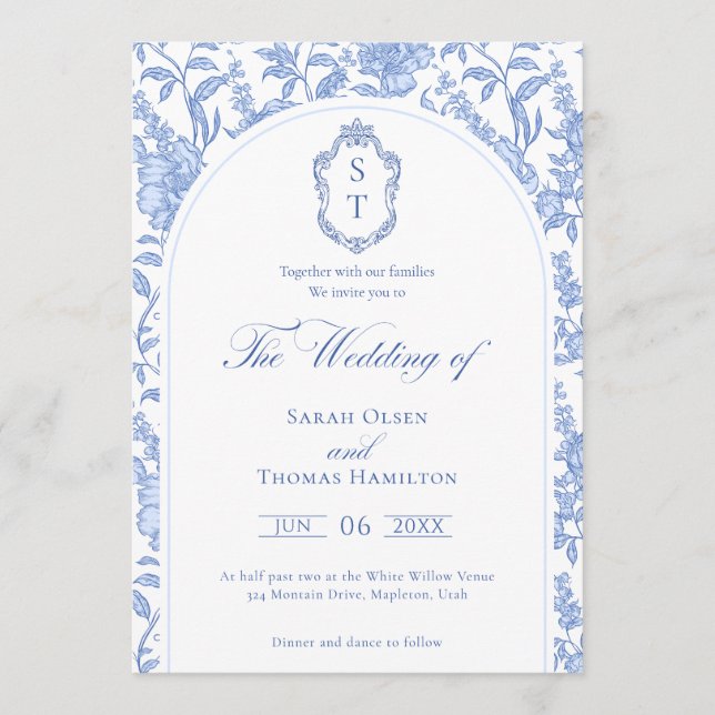 Delft Blue Floral Chinoiserie Monogram Wedding Inbjudningar (Framsida)