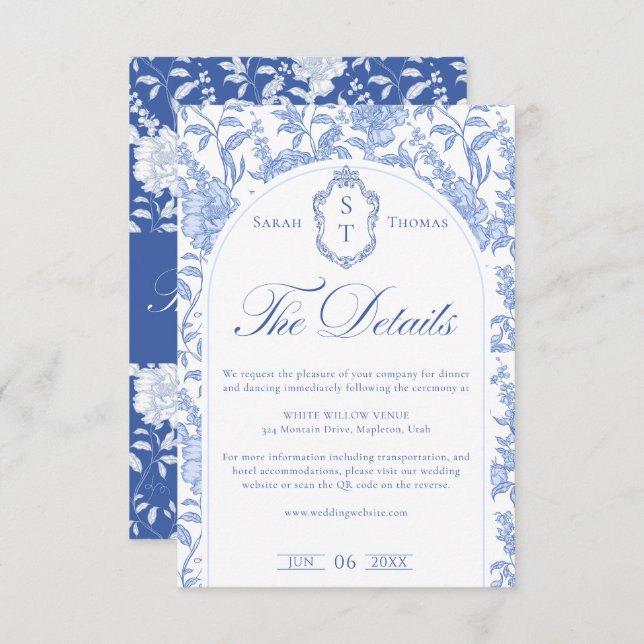 Delft Blue Floral Chinoiserie Monogram Wedding Tilläggskort (Fram/baksida)