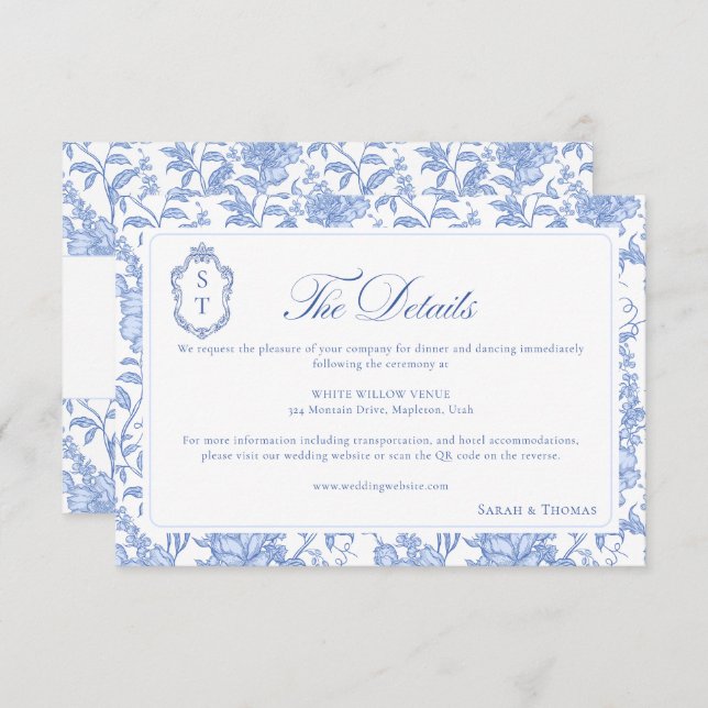 Delft Blue Floral Chinoiserie Monogram Wedding Tilläggskort (Fram/baksida)