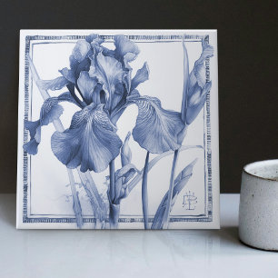 Delft Blue Iris Wall Decor Art nouveau Watercolor Kakelplatta