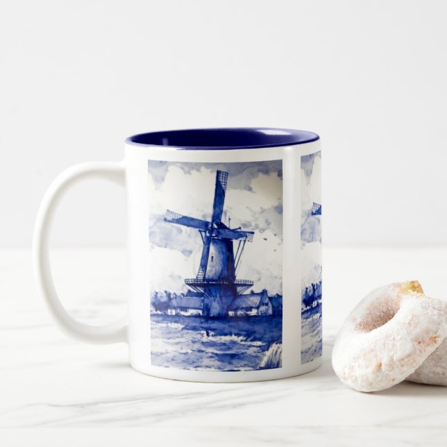 Delft Blue-Kvarn Två-Tonad Mugg (Med munk)