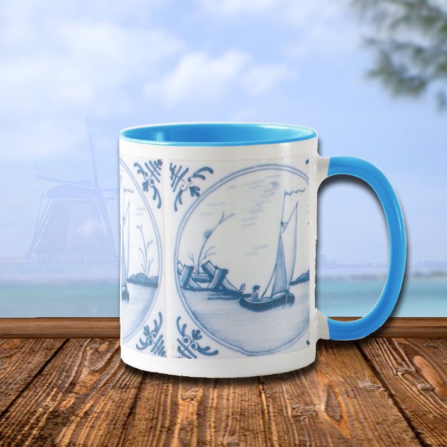 Delft Blue och White Sailboat Coffee Mugg (blue white vintage sailboat coffee mug)
