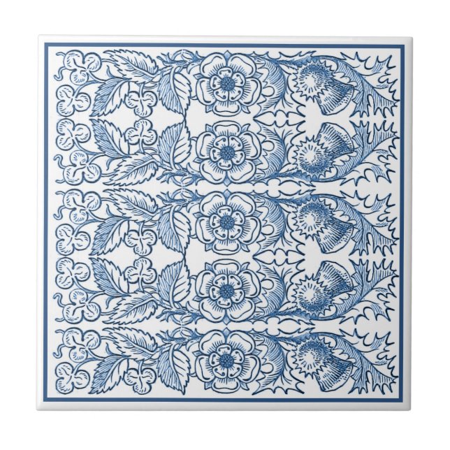 Delft Blue Ornamental Blommigt Art nouveau Mönster Kakelplatta (Framsidan)