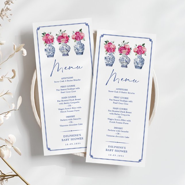 Delft Blue Rosa Chinoiserie Porcelain-menykort Inbjudningar (Skapare uppladdad)