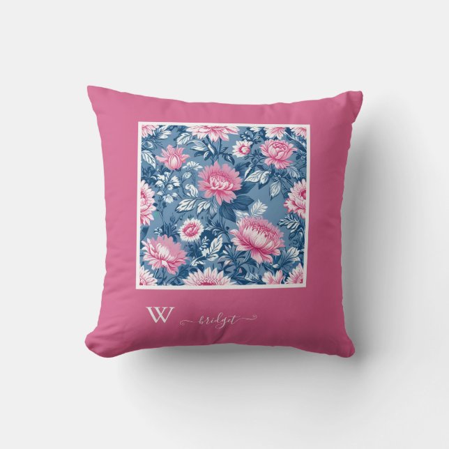 Delft blue & rosa Fransk Toile Hampton Stil Kudde (Framsida)