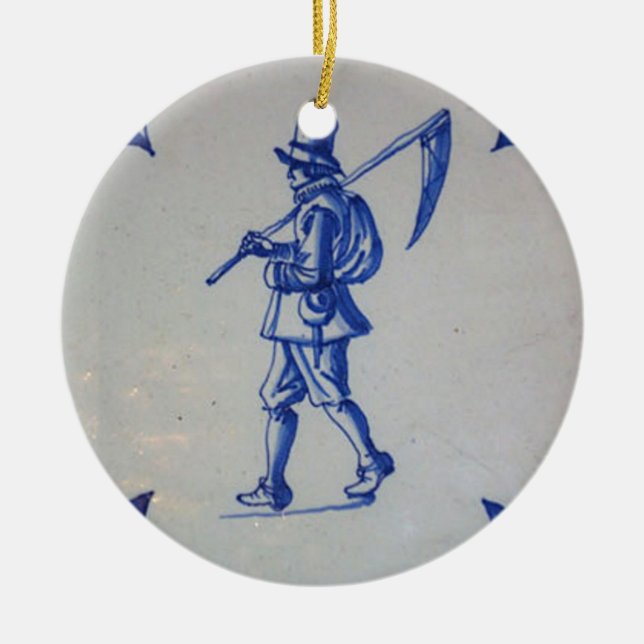 Delft Blue Tile - Mower Carriage Scythe eller Sick Julgransprydnad Keramik (Framsidan)