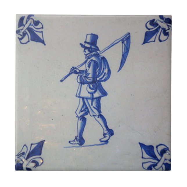 Delft Blue Tile - Mower Carriage Scythe eller Sick Kakelplatta (Framsidan)