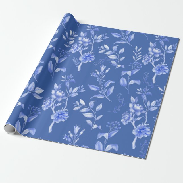 Delft Blue White Botanical Chinoiserie Blommigt Presentpapper (Utrullad)