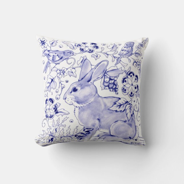 Delft Blue White Bunny Rabbit Birds Dedham Elegant Kudde (Framsida)
