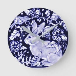 Delft Blue White Bunny Rabbit Birds Dedham Elegant Rund Klocka