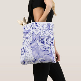 Delft Blue White Bunny Rabbit Birds Rustic Dedham Tygkasse