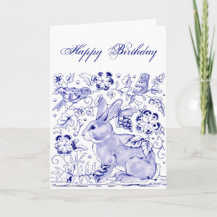 Delft Blue White Rabbit Birds Dedham Birthday Kort