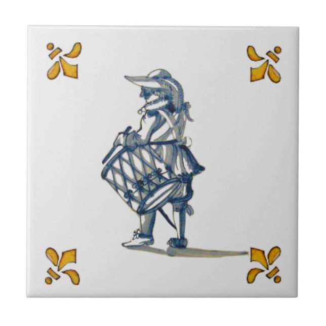 Delft Drummer Tile c 1890 in Blue, Grått och Gult Kakelplatta (Framsidan)