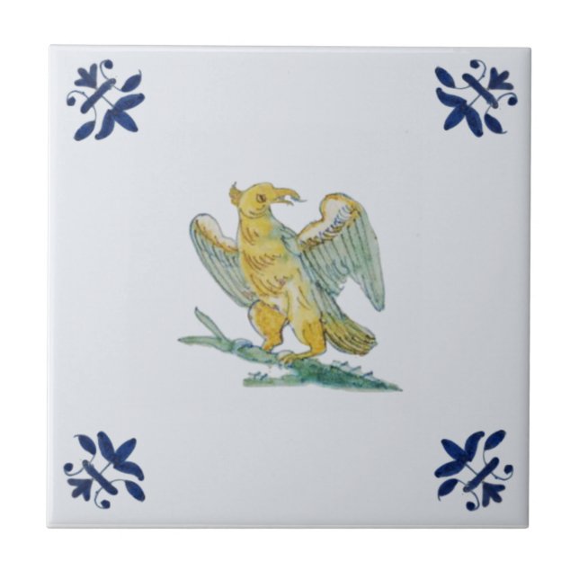 Delft Eagle Hawk Blue Guld c 1650 Repro Dutch Kakelplatta (Framsidan)