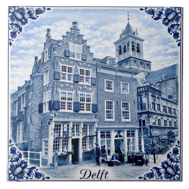 Delft hus Delft Blue stil keramiska plattor Kakelplatta (Framsidan)