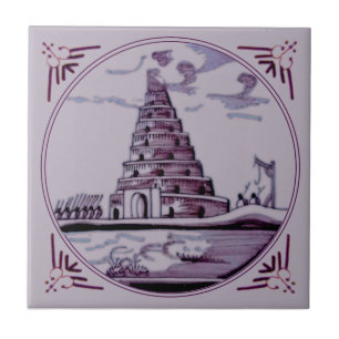 Delft Manganese Torn of Babel 1800-talets repro Kakelplatta
