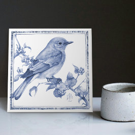 Delft Mountain Bluebird Art nouveau Vår Bird Kakelplatta