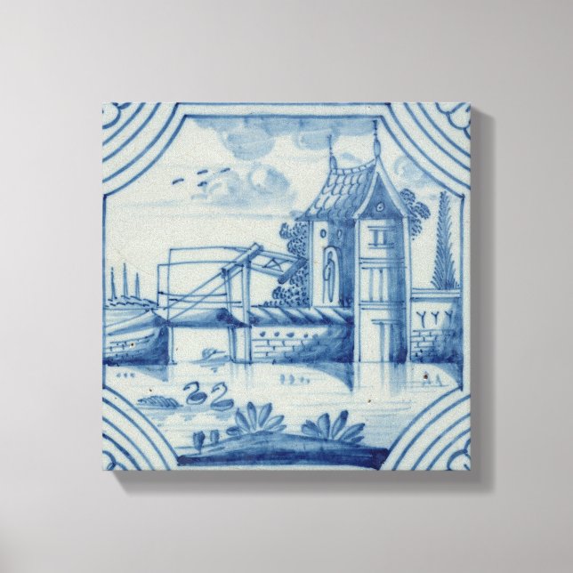 Delft-ruta som visar en dragbro över en kanal, nit canvastryck (Framsida)