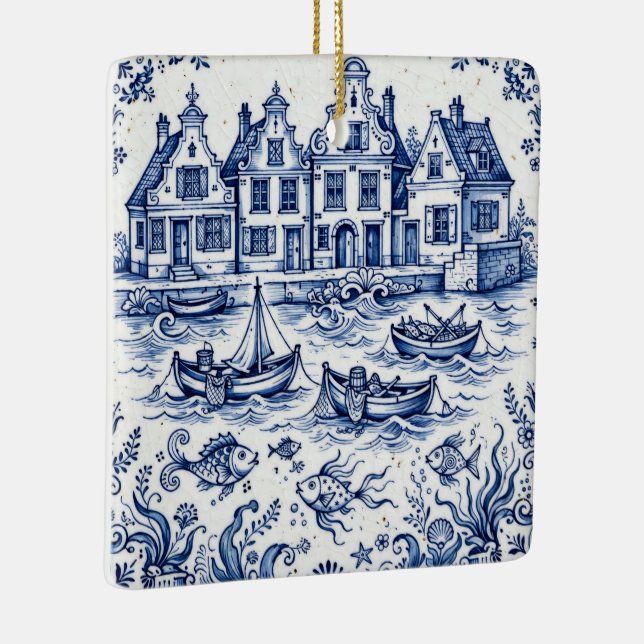 Delft Stad & Fiskhamn Koboltblå Vit  Julgransprydnad Keramik (Höger)