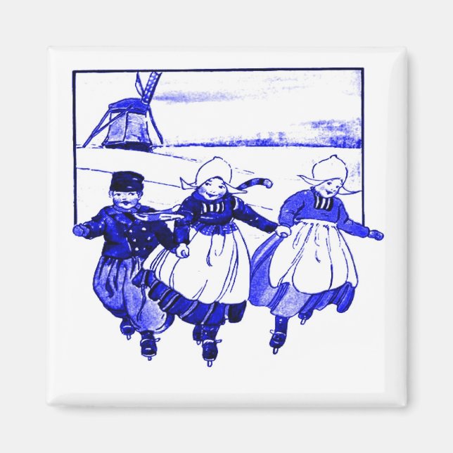 Delft Stil,Blue Ducth Kids on Skates Magnet (Framsidan)