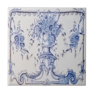 Delft Tile med urn of Flowers-Blue & White Kakelplatta
