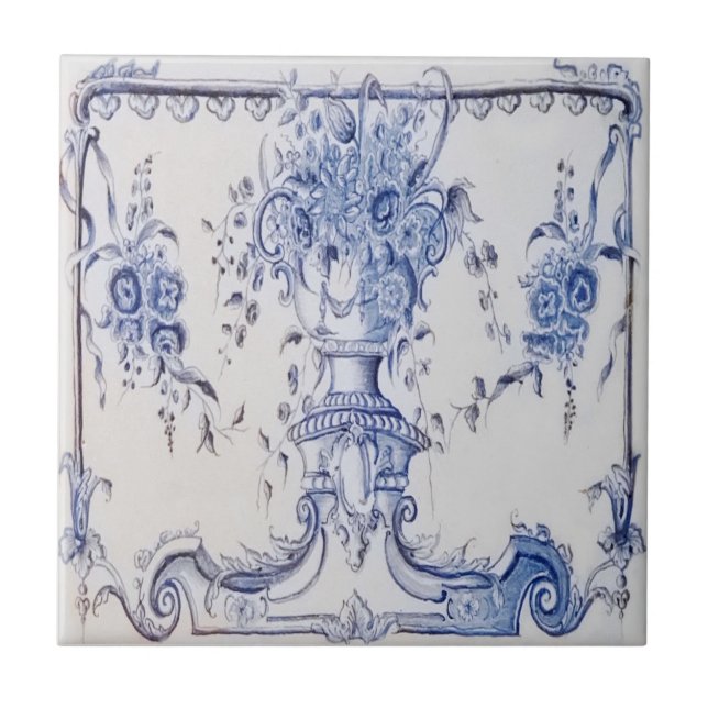 Delft Tile med urn of Flowers-Blue & White Kakelplatta (Framsidan)